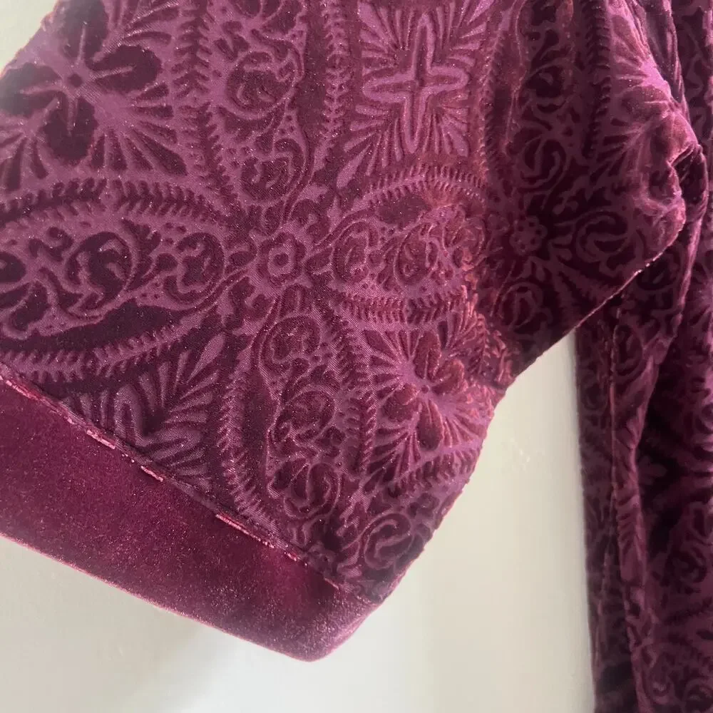 Soma Burnout Pajama Set Women's S/M Merlot Velvet Open Front Luxury Loungewear